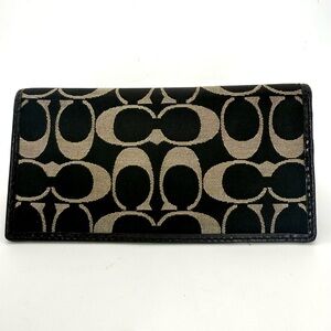 Coach Signature Checkbook Wallet Black Tan Canvas Leather Trim